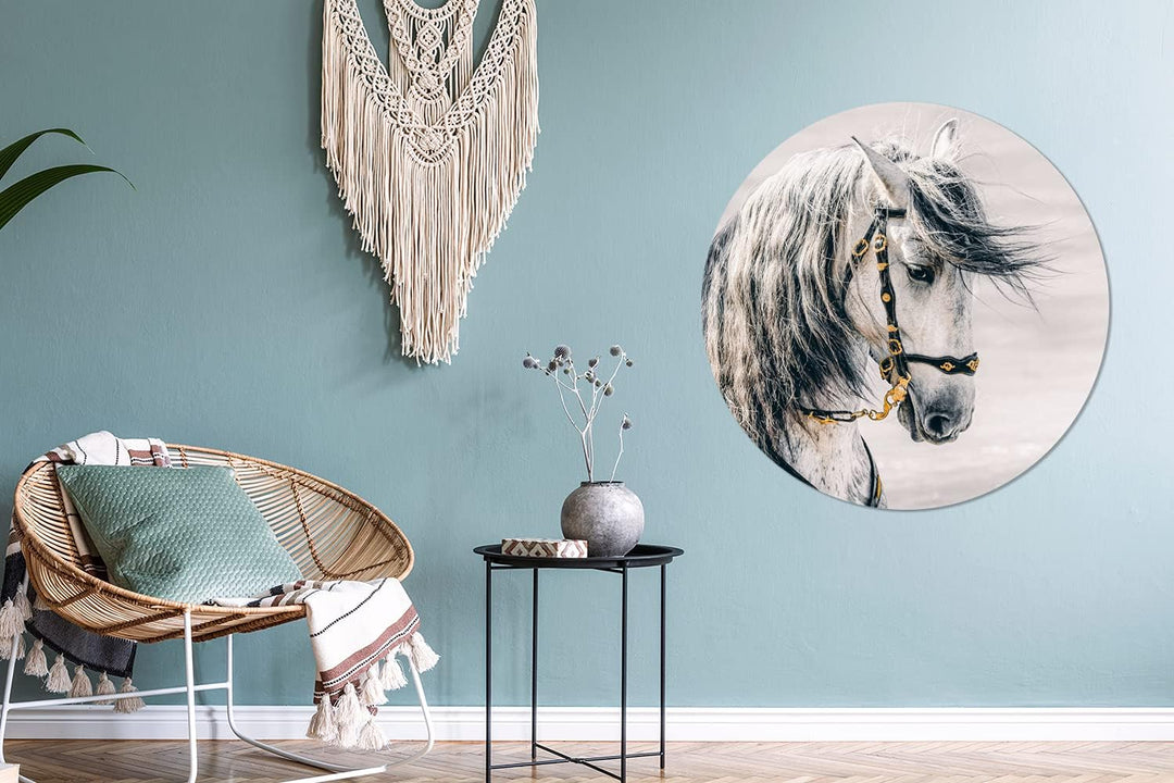 MuchoWow Wandbild Rund Wanddeko Deko Wohnzimmer Bilder 90x90 cm Pferd - Weiss - Gold, 90x90 cm