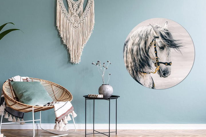 MuchoWow Wandbild Rund Wanddeko Deko Wohnzimmer Bilder 90x90 cm Pferd - Weiss - Gold, 90x90 cm