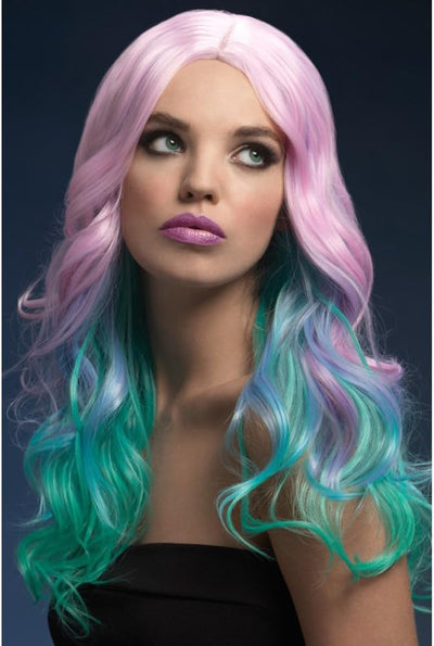 Fever Khloe Wig, Pastel Ombre, Long Wave with Centre Parting, 26inch/66cm Rainbow, Rainbow