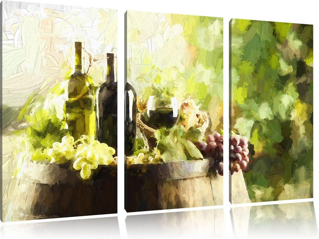 Pixxprint Wein mit Weintrauben auf Fass / 3-Teilig/Gesamtmass 120cm Leinwandbild bespannt auf Holzra