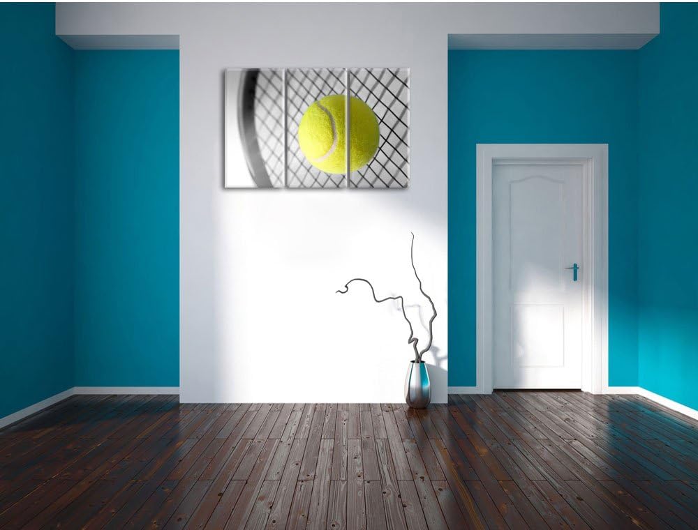 Pixxprint Tennisschläger mit Tennisball Schwarz/Weiss 3-Teiler Leinwandbild 120x80 Bild auf Leinwand