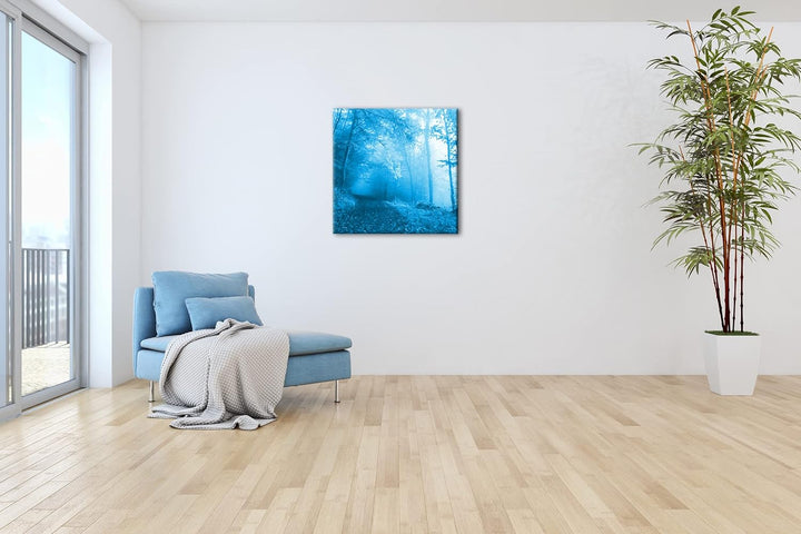 deyoli vernebelter Waldweg im Herbst Format: 70x70 Effekt: Monocrome Blau als Leinwandbild, Motiv fe