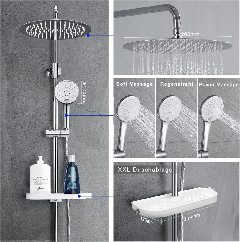 JOHO Regendusche Duschsystem ohne Armatur, Rain Shower Duschset Überkopfbrauseset aus Edelstahl mit