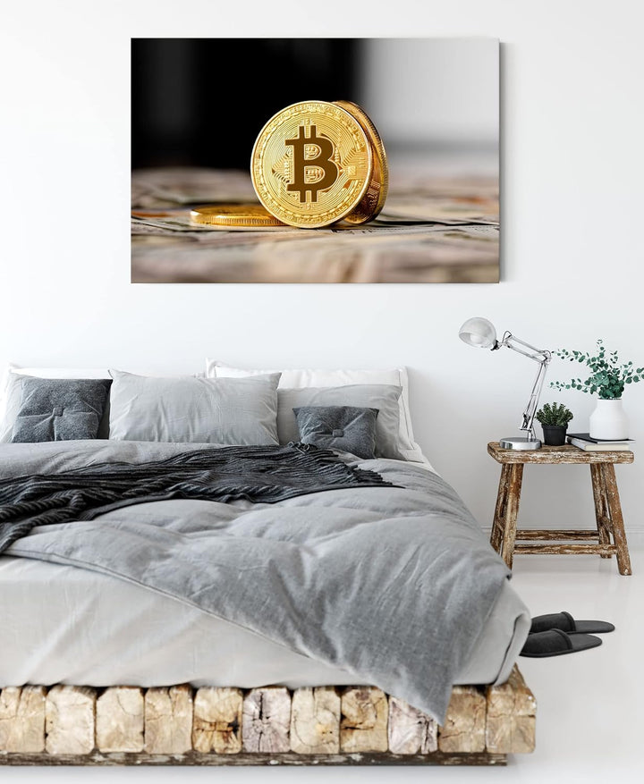 Pixxprint Bitcoins BTC Dollarschein als Leinwandbild | Grösse: 100x70 cm | Wandbild | Kunstdruck | f