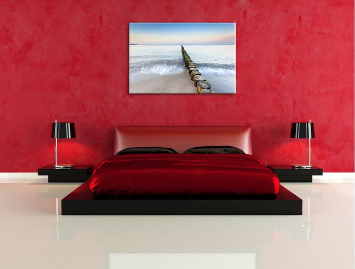 Baumstümpfe die ins Meer führen Format: 100x70 auf Leinwand, XXL riesige Bilder fertig gerahmt mit K