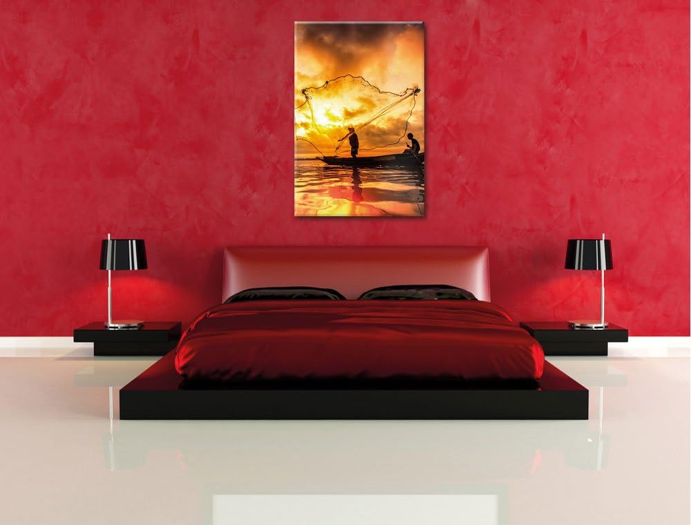 See mit Anglern, Format: 100x70 auf Leinwand, XXL riesige Bilder fertig gerahmt mit Keilrahmen, Kuns