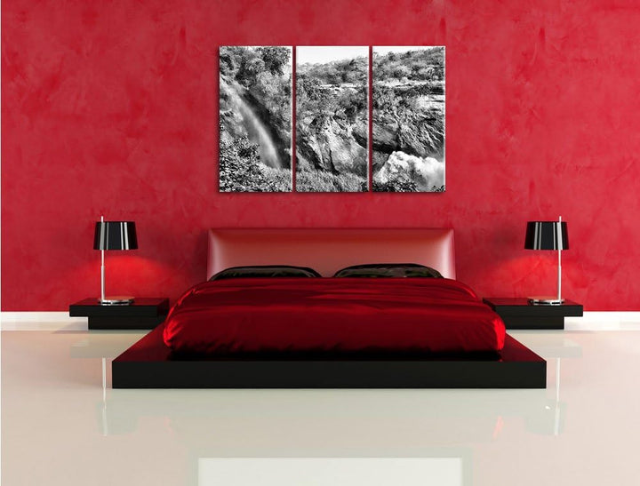 Pixxprint Monocrome, Regenbogen über Wasserfall 3-Teiler Leinwandbild 120x80 Bild auf Leinwand