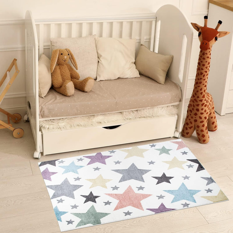 payé Teppich Kinderzimmer Läufer - Cream Bunt - 80x150cm - Sterne in Pastellfarben Sternenteppich Sp