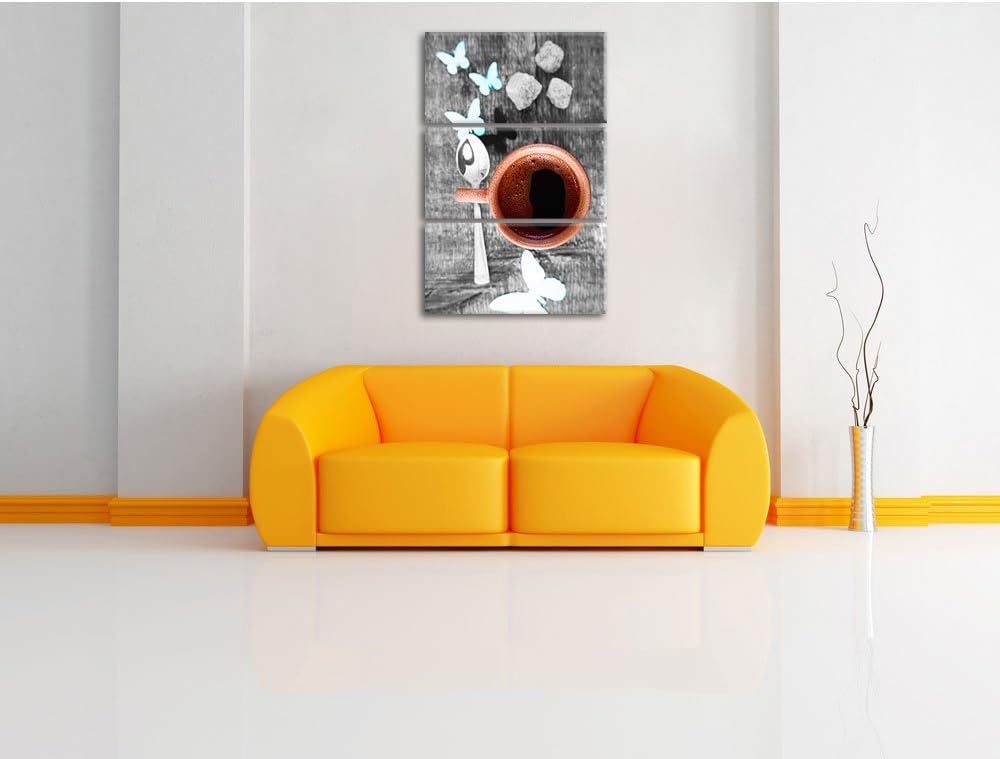 Pixxprint schmackhafter Kaffee mit Schmetterlingsdeko schwarz/weiss 3-Teiler Leinwandbild 120x80 Bil