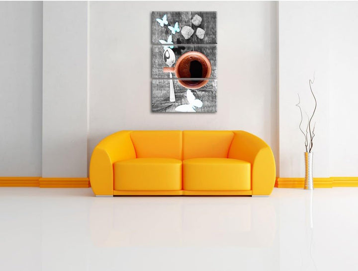 Pixxprint schmackhafter Kaffee mit Schmetterlingsdeko schwarz/weiss 3-Teiler Leinwandbild 120x80 Bil