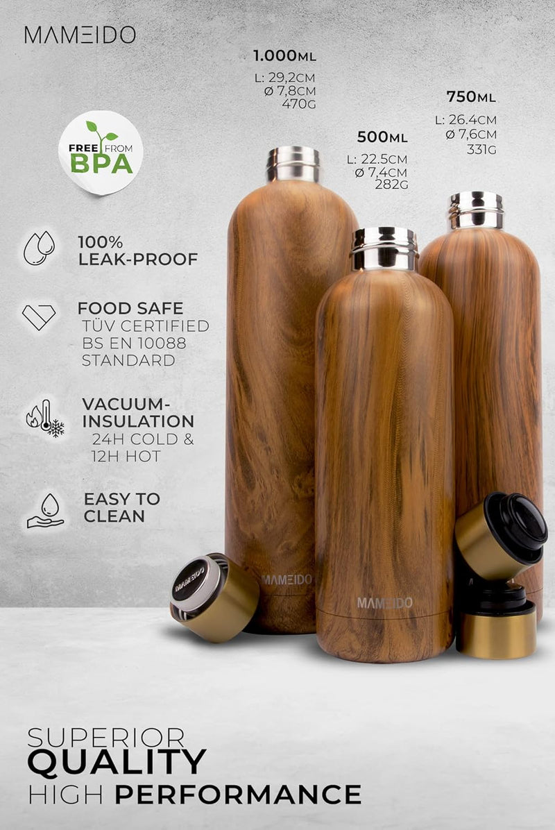 MAMEIDO Trinkflasche Edelstahl 1l, 750ml & 500ml - auslaufsichere Thermosflasche, Kohlensäure geeign