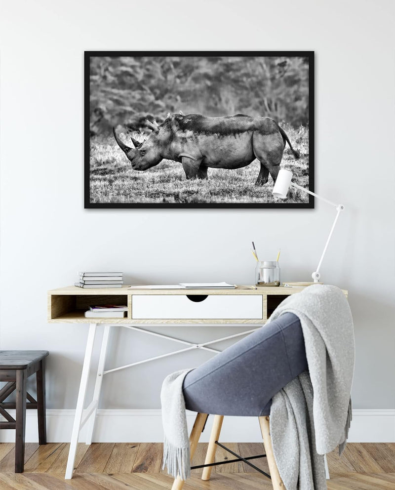 Generisch grosses Nashorn in der Savanne, Poster im Bilderrahmen / Format: 55x40cm / Kunstdruck gera