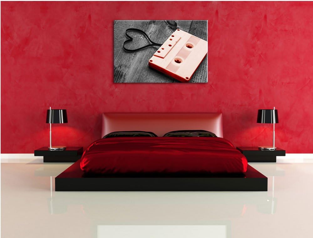 Retro Kasette mit Herz schwarz/weiss Format: 100x70 auf Leinwand, XXL riesige Bilder fertig gerahmt