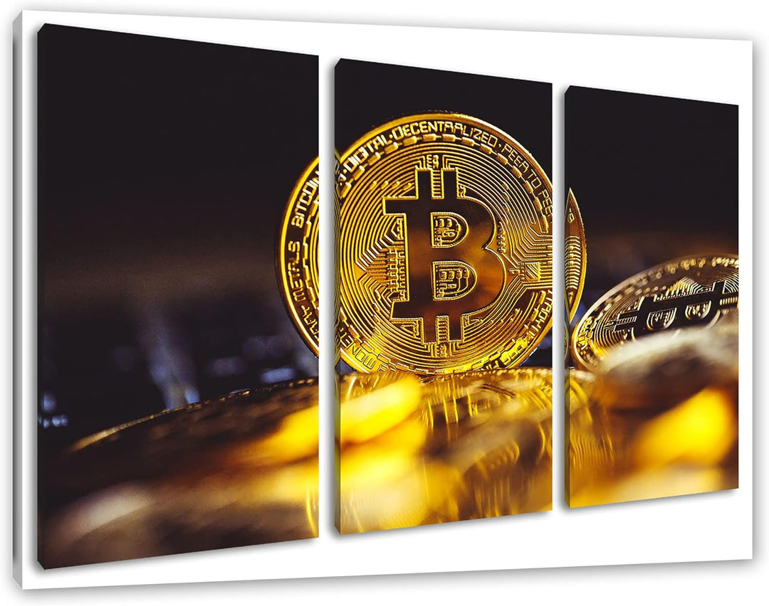 Bitcoin BTC zwischen Münzenals Leinwandbild 3 teilig | Grösse: 120x80 cm | Wandbild | Kunstdruck | f