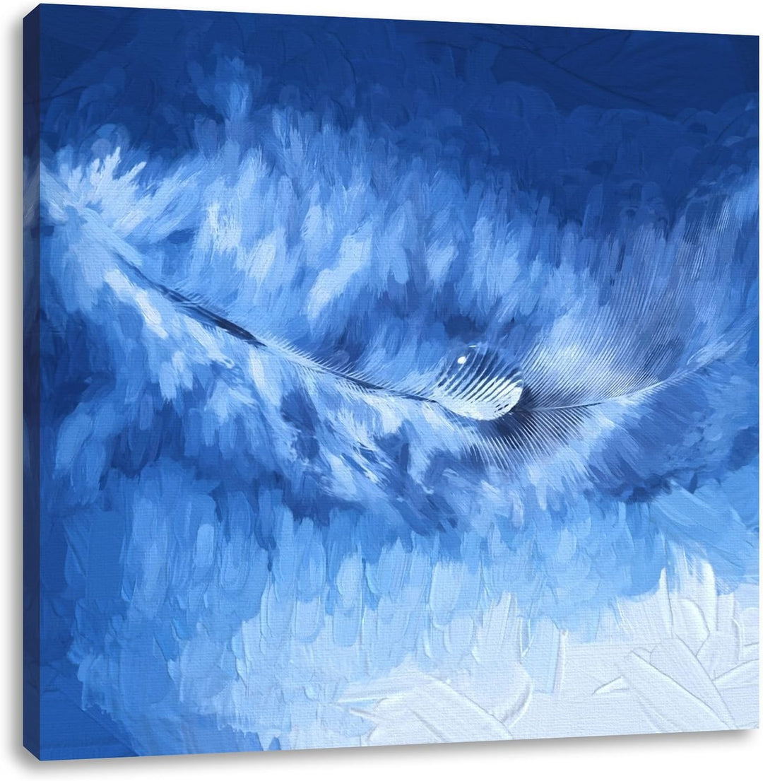 Pixxprint Feder mit Wassertropfen als Leinwandbild | Grösse: 70x70 cm | Wandbild | Kunstdruck | fert