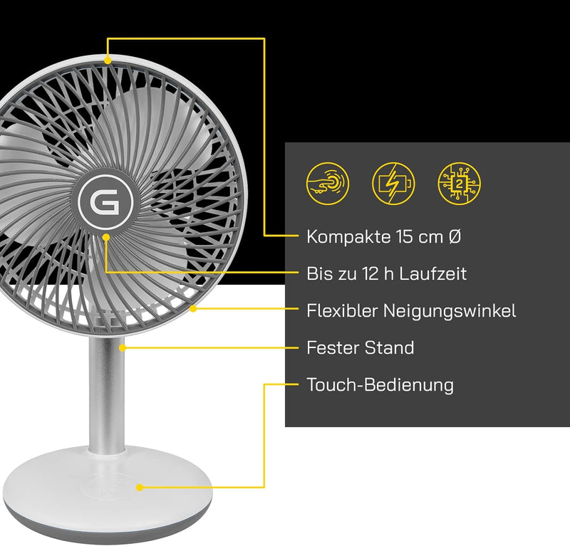 Gutfels Akku-Tisch-Ventilator VENTI 3010 R | Lithium Ionen Akku 4.000 mAh | Touchbedienung | 4 Gesch