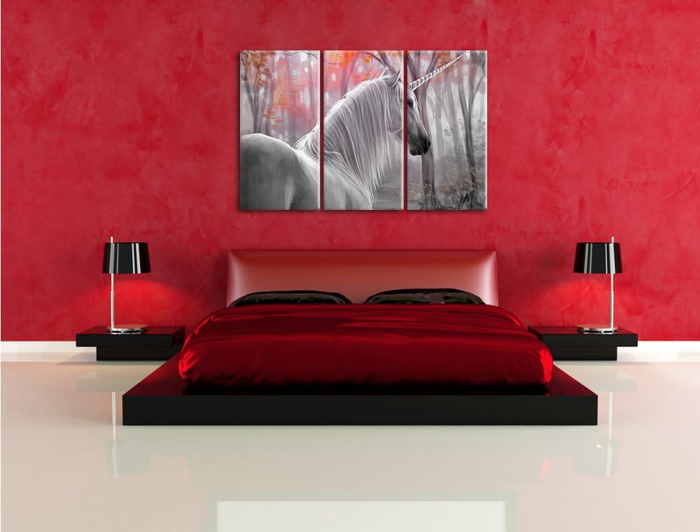 Pixxprint Einsames Einhorn im Wald als Leinwandbild/Grösse: 3 Teilig (120x80 cm) cm/Wandbild/Kunstdr