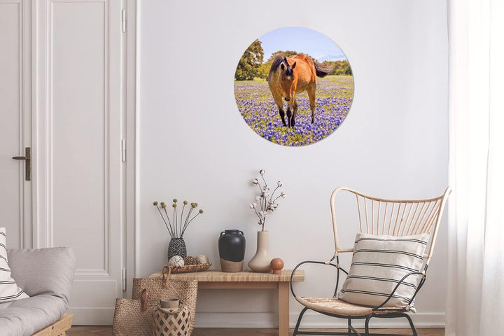 MuchoWow Wandbild Rund Wanddeko Deko Wohnzimmer Bilder 60x60 cm Pferd - Blumen - Bauernhoftier - Lil