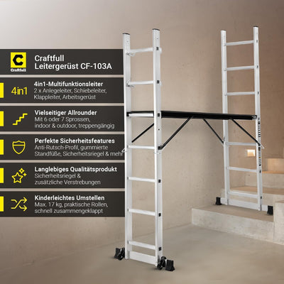 𝐂𝐑𝐀𝐅𝐓𝐅𝐔𝐋𝐋 Gerüst CF-103A | 𝟑 𝐉𝐀𝐇𝐑𝐄 𝐆𝐀𝐑𝐀𝐍𝐓𝐈𝐄 - 6 Stufen - Leitergerüst - Rollgerüst - 4in1 Anlegeleit
