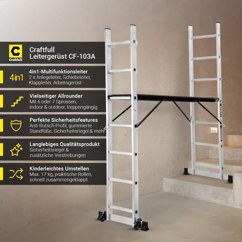 𝐂𝐑𝐀𝐅𝐓𝐅𝐔𝐋𝐋 Gerüst CF-103A | 𝟑 𝐉𝐀𝐇𝐑𝐄 𝐆𝐀𝐑𝐀𝐍𝐓𝐈𝐄 - 6 Stufen - Leitergerüst - Rollgerüst - 4in1 Anlegeleit