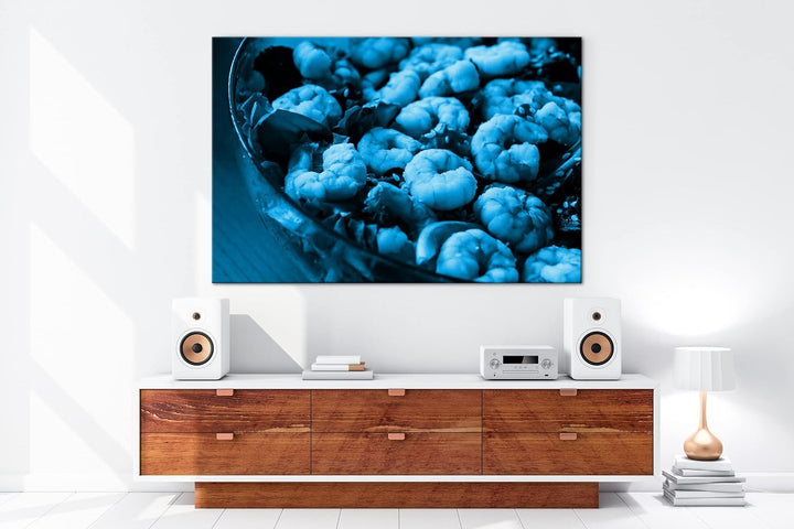 deyoli Garnelen Salat Format 80x60 Effekt: Monocrome Blau als Leinwandbild, Motiv fertig gerahmt auf