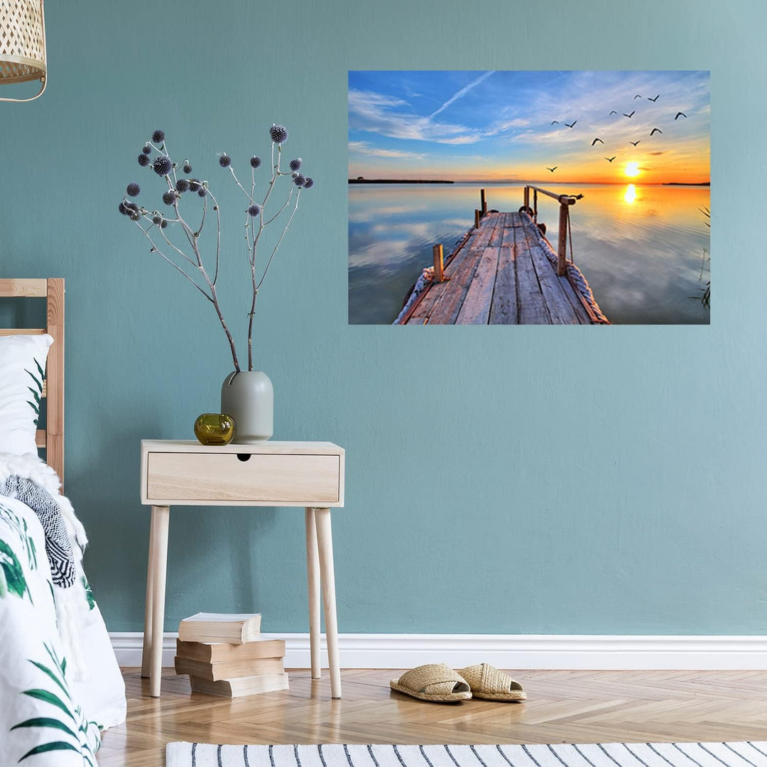 Feeby Vlies Leinwandbild Sonnenuntergang See Strand Holzsteg 90x60 cm Druckbild Wandbild Wanddekorat
