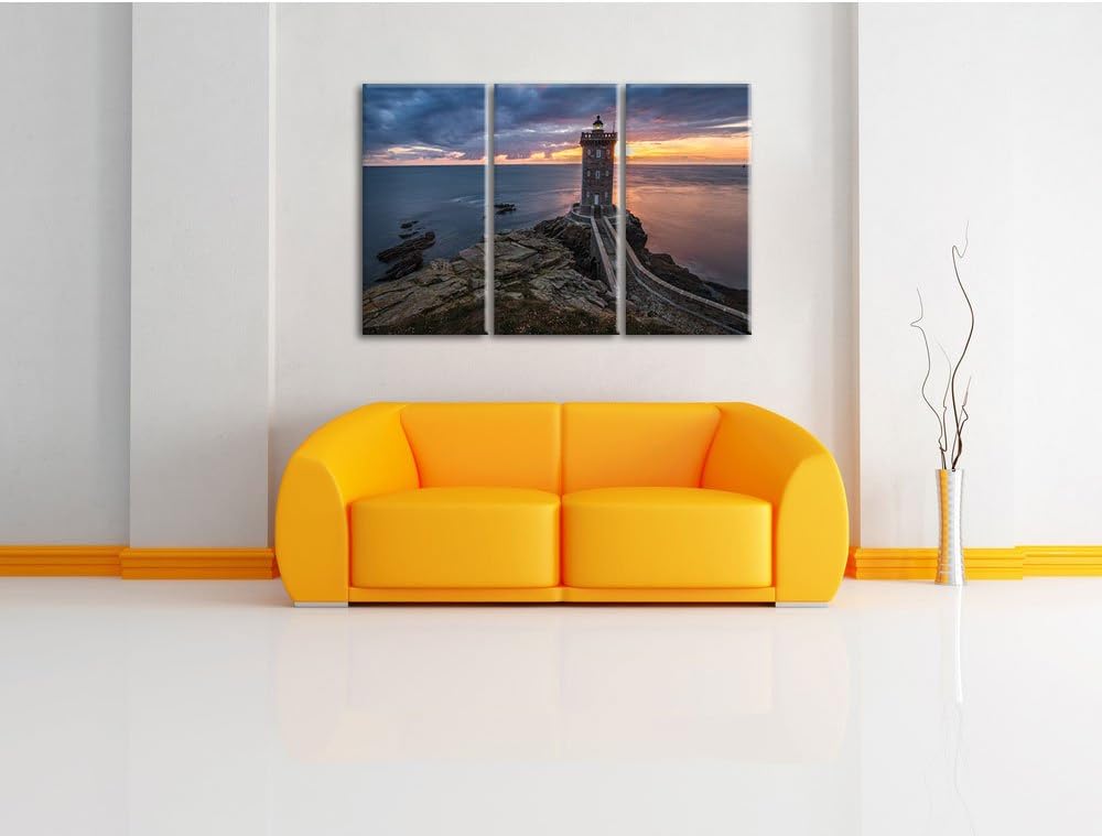 Pixxprint Leuchtturm im Sonnenuntergang / 3-Teilig/Gesamtmass 120cm Leinwandbild bespannt auf Holzra