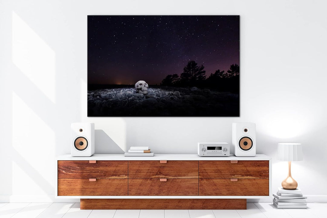 deyoli Dark Schädel mit Sternen im Himmel im Format: 80x60 als Leinwandbild, Motiv fertig gerahmt au