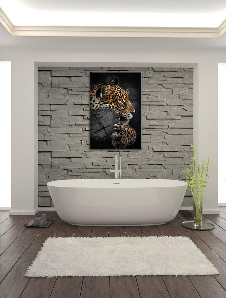 Dark prächtiger Leopard auf Stamm schwarz/weiss Format: 100x70auf Leinwand, XXL riesige Bilder ferti