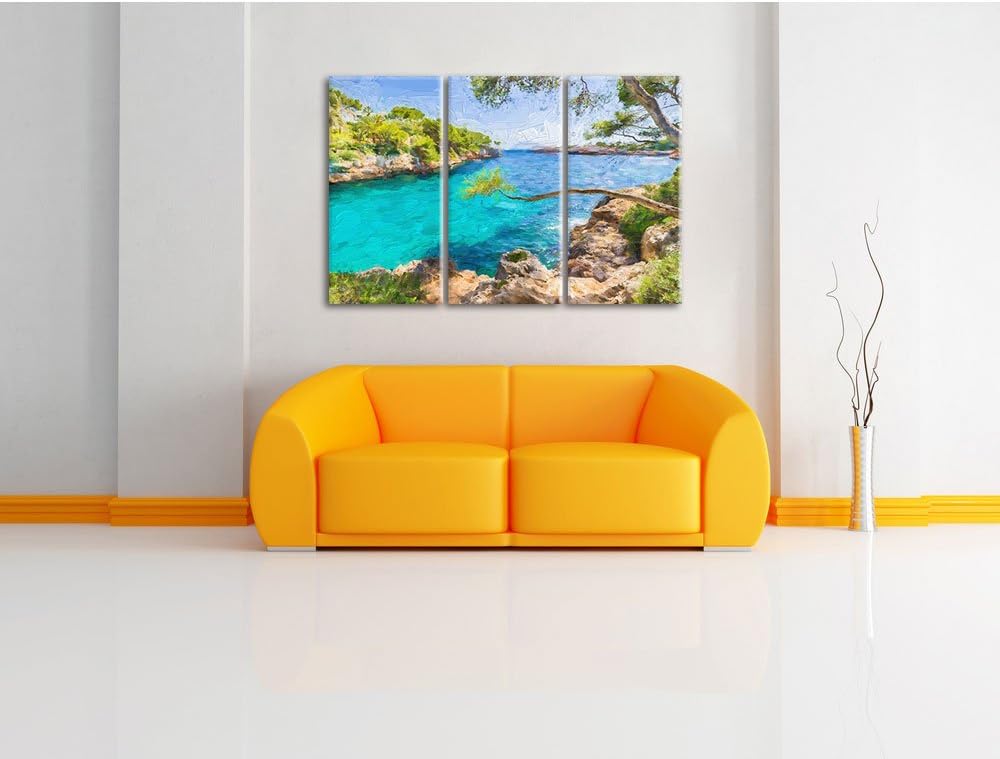 Pixxprint Idyllische Ansicht des Mittelmeers am Mallorca Bay Cove Kunst Pinsel Effekt 3-Teiler Leinw