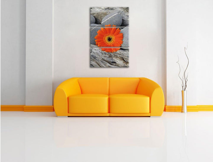 Pixxprint Gerbera zwischen Zen Steinen als Leinwandbild - Grösse: 3-Teilig (120x80cm) - Wandbild - K