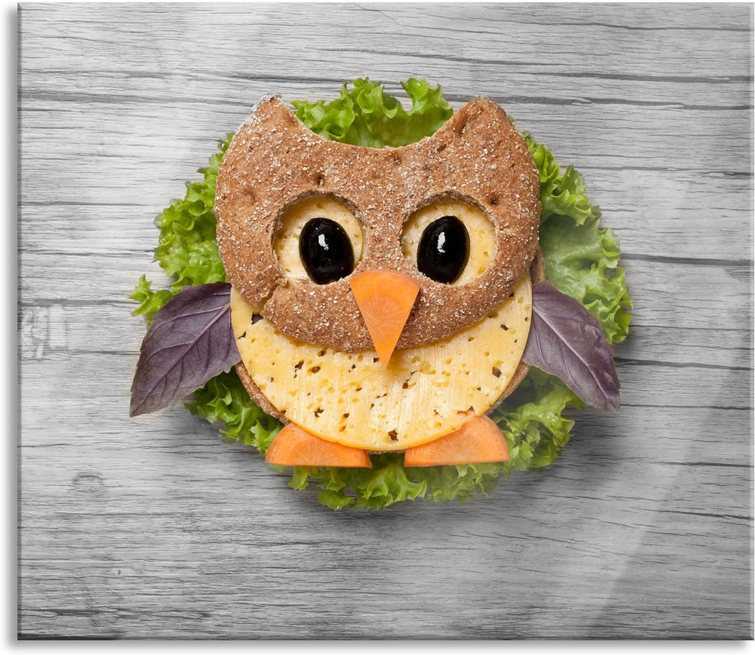das lustige Eulen Sandwich Herdabdeckplatte & Spritzschutz aus Echtglas | Für Herd-Kochfelder | 60x5