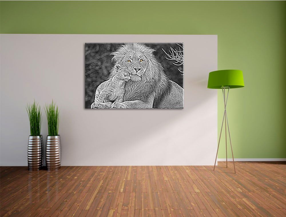 schöner Löwe mit Jungtier schwarz/weiss Deluxe Format: 100x70 cm auf Leinwand, XXL riesige Bilder fe