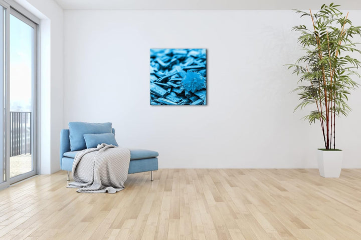 deyoli gelbe Blume auf Holz Format: 60x60 Effekt: Monocrome Blau als Leinwandbild, Motiv fertig gera