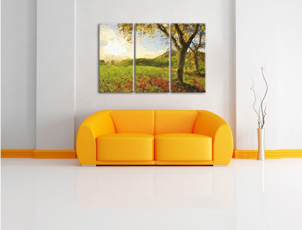 Pixxprint Landschaft im Herbst Kunst Pinsel Effekt 3-Teiler Leinwandbild 120x80 Bild auf Leinwand