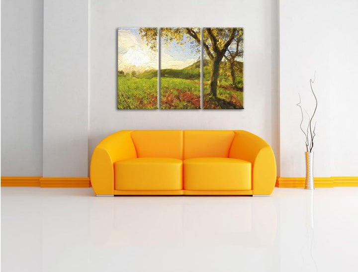 Pixxprint Landschaft im Herbst Kunst Pinsel Effekt 3-Teiler Leinwandbild 120x80 Bild auf Leinwand