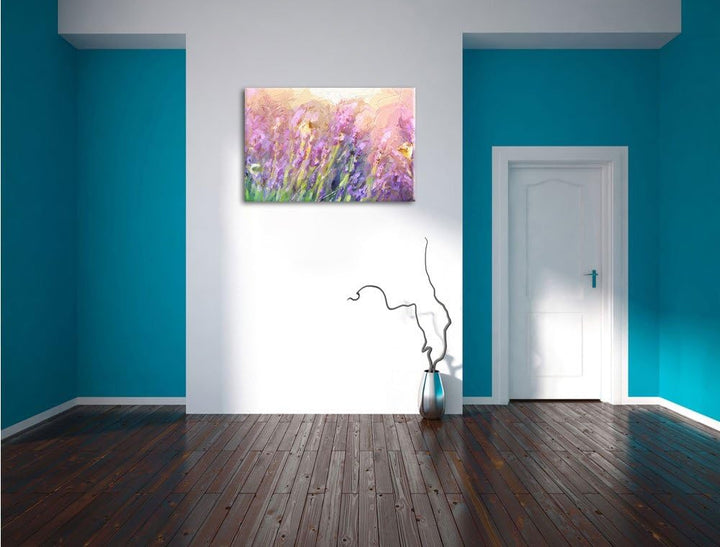 Pixxprint Schmetterlinge auf Lavendelblumen Kunst Pinsel Effekt, Format: 100x70 auf Leinwand, 100x70