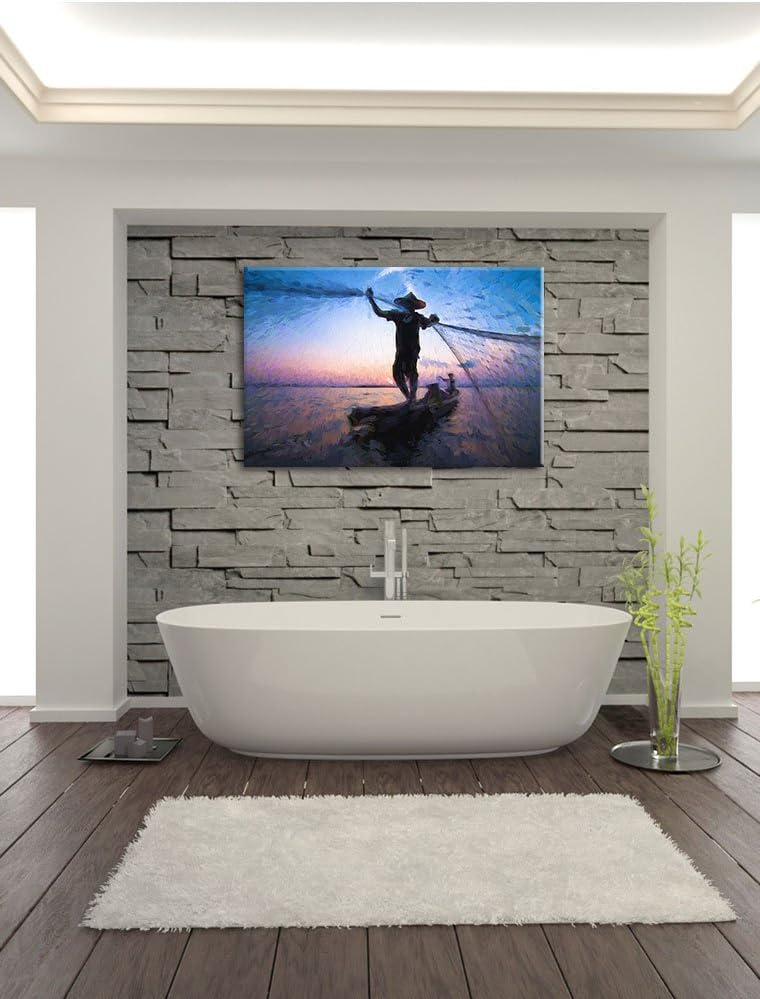 Pixxprint Fischer wirft Sein Netz aus / 100x70cm Leinwandbild bespannt auf Holzrahmen/Wandbild Kunst