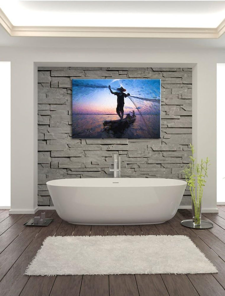 Pixxprint Fischer wirft Sein Netz aus / 100x70cm Leinwandbild bespannt auf Holzrahmen/Wandbild Kunst
