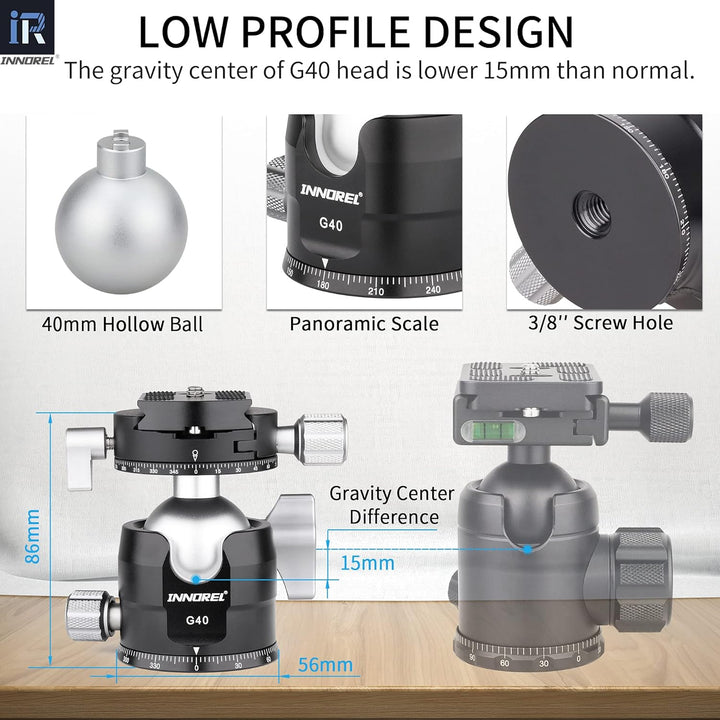 INNOREL G40 Low Profile Stativ-Kugelkopf Doppelter Panorama-Metall-Kamerastativ-Kugelkopf mit 1/4" A