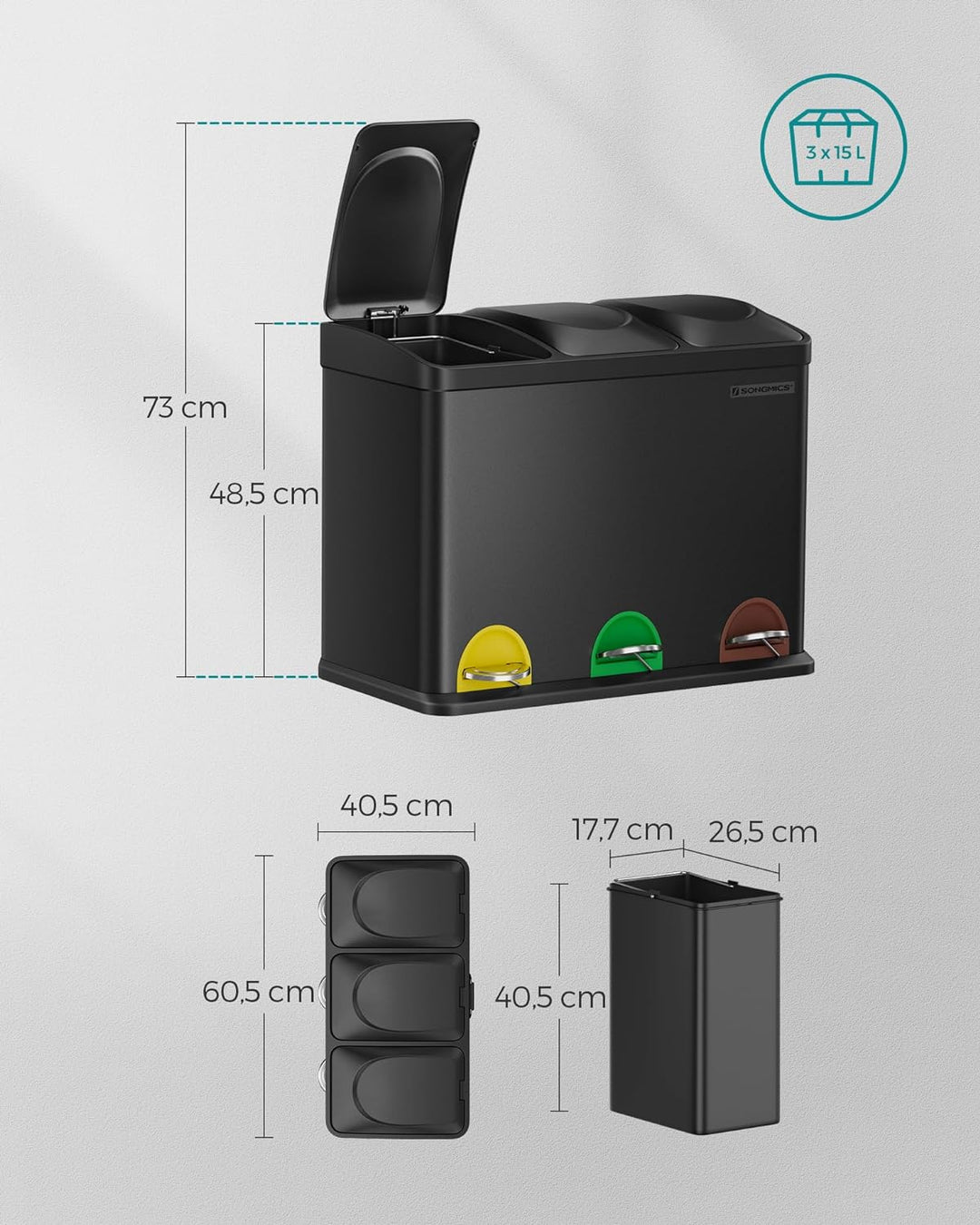 SONGMICS Mülleimer Küche, Mülltrennsystem 3 Fächer, Abfalleimer, 45 Liter Treteimer aus Metall, 3 x