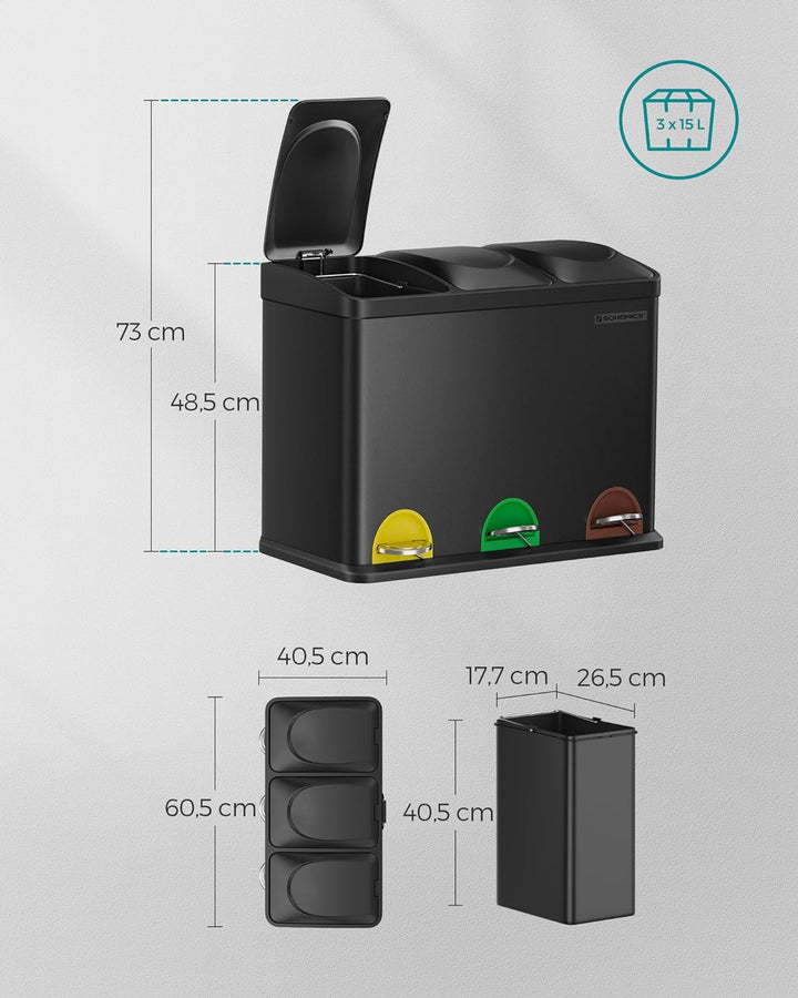 SONGMICS Mülleimer Küche, Mülltrennsystem 3 Fächer, Abfalleimer, 45 Liter Treteimer aus Metall, 3 x