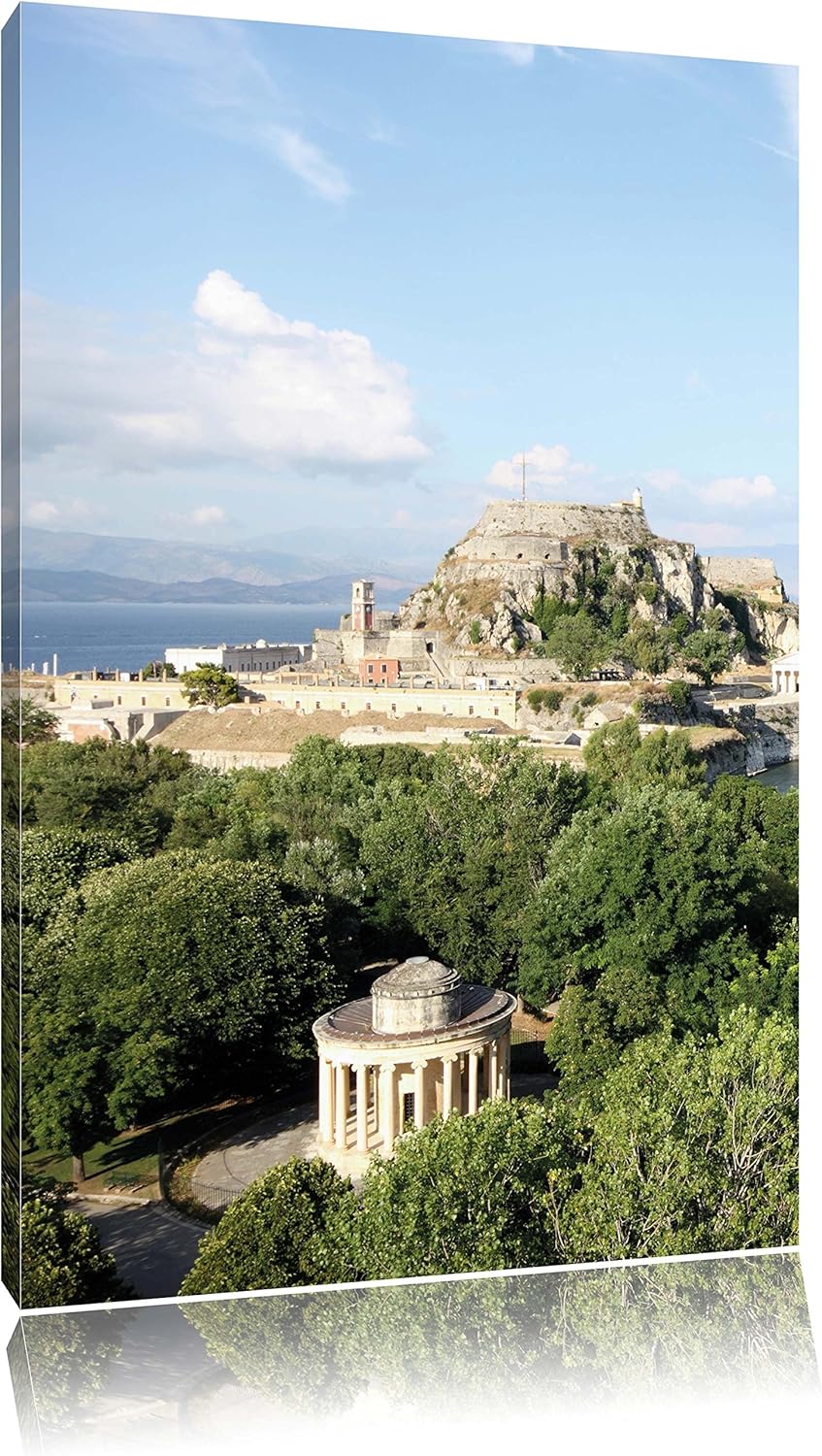 Pixxprint Griechische Entspannungsoase / 100x70cm Leinwandbild bespannt auf Holzrahmen/Wandbild Kuns