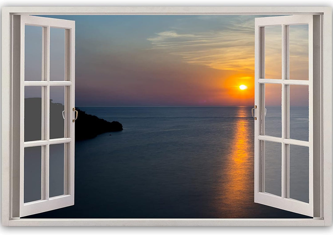 Feeby Bild auf Vlies Leinwand Fensteransicht 3D-Effekt 90x60 cm Kunstdruck Modern Wandbilder Deko Fl