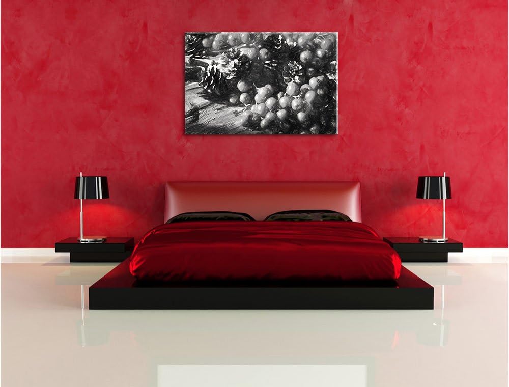 Pixxprint Vogelbeeren und Tannenzapfen Kunst als Leinwandbild/Grösse: 100x70 / Wandbild/Kunstdruck/f