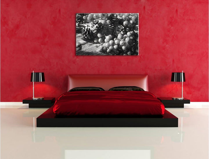 Pixxprint Vogelbeeren und Tannenzapfen Kunst als Leinwandbild/Grösse: 100x70 / Wandbild/Kunstdruck/f