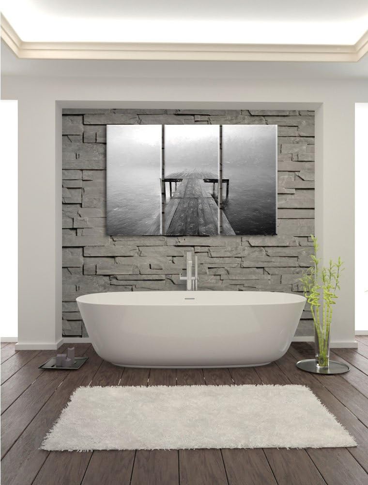Pixxprint Steg am See im Nebel Kohle Effekt 3-Teiler Leinwandbild 120x80 Bild auf Leinwand