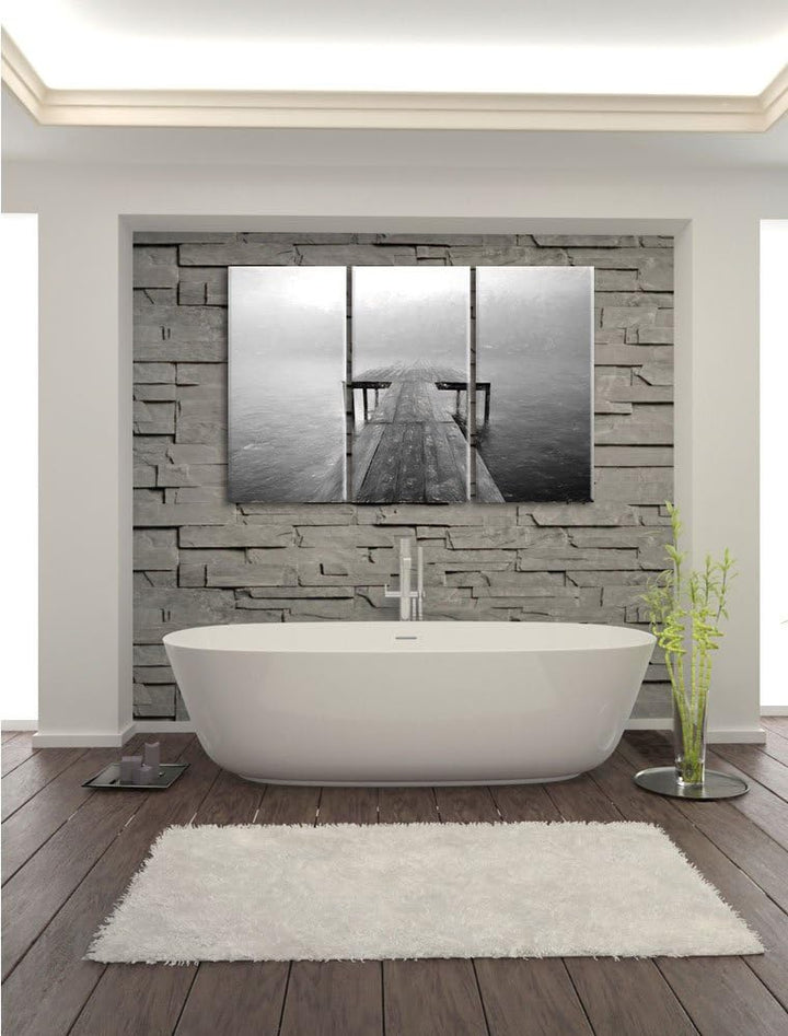Pixxprint Steg am See im Nebel Kohle Effekt 3-Teiler Leinwandbild 120x80 Bild auf Leinwand