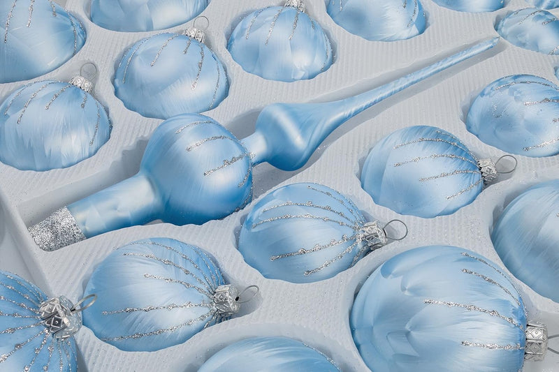 39 TLG. Glas-Weihnachtskugeln Set in Ice Blau Silber Regen- Christbaumkugeln - Weihnachtsschmuck-Chr