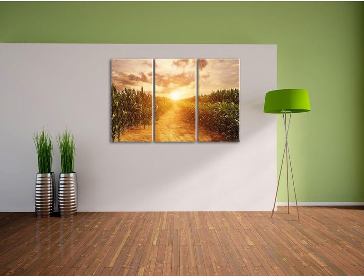 Pixxprint Pfad durch sonniges Feld Kunst Buntstift Effekt 3-Teiler Leinwandbild 120x80 Bild auf Lein